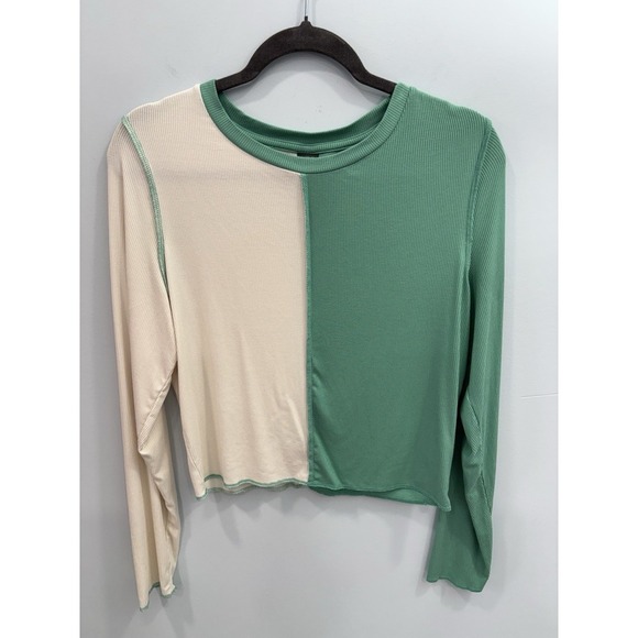 Wild Fable Colorblock Long Sleeve Crop Top Green Cream Ribbed XXL Two Tone - Picture 3 of 8
